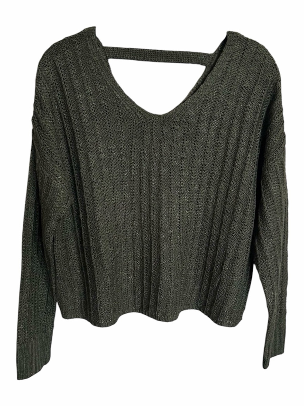 Olive Green Ribbed V-Neck Sweater Open Back Strap Size S NWT